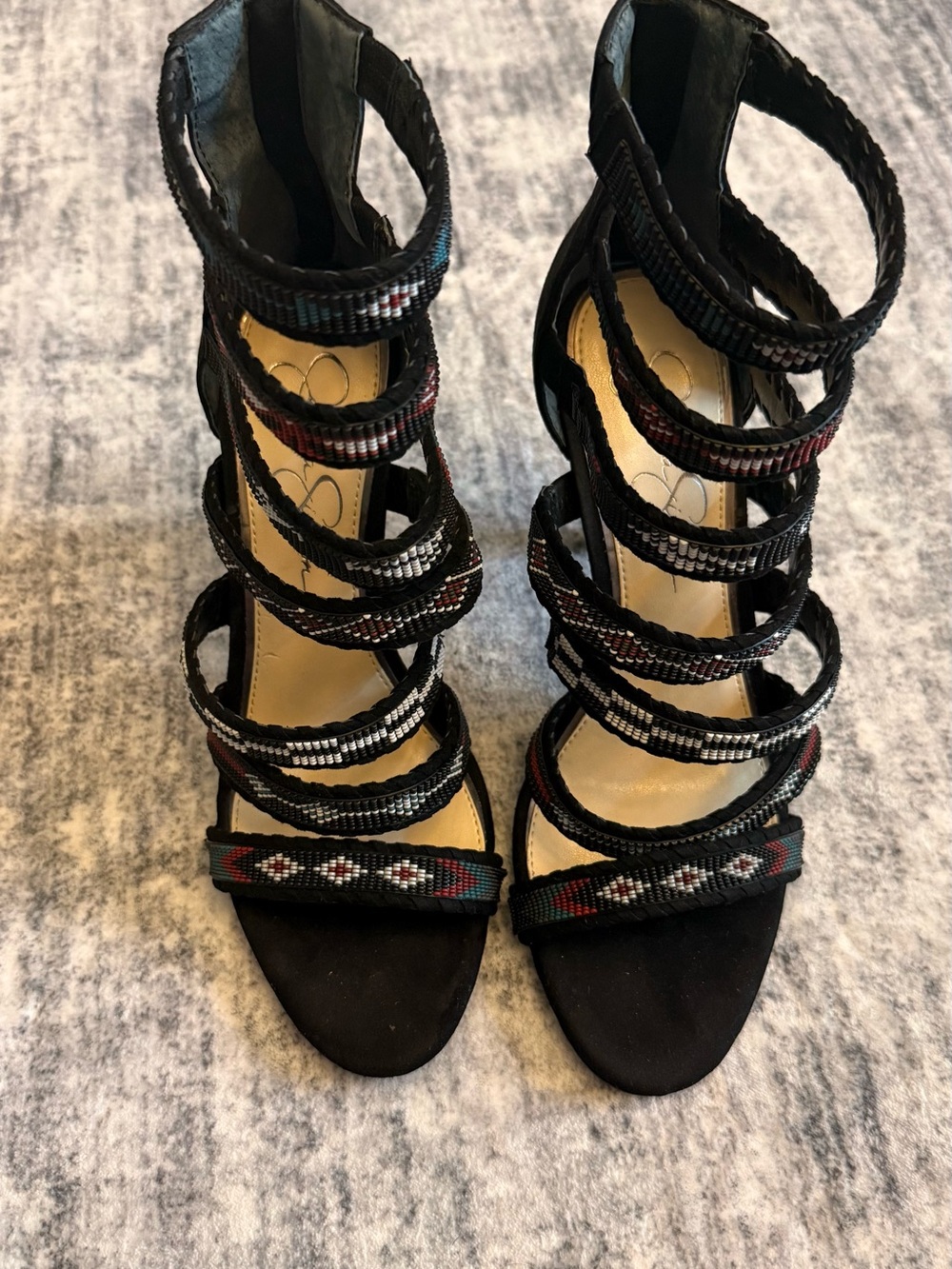Jessica Simpson Strappy Black Gladiator Heels with Aztec Trim
